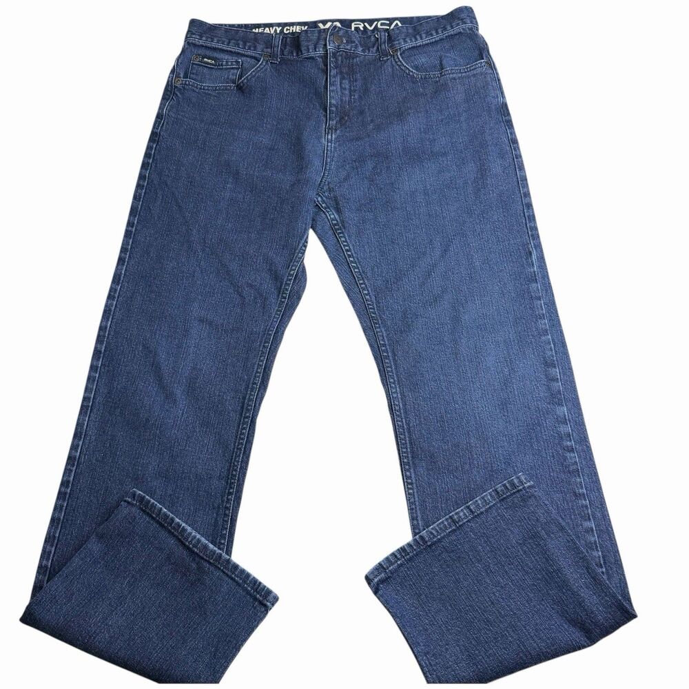 RVCA Heavy Chev Mens Jeans 34x31 Straight Leg Blue Denim VA Logo 35 Waist